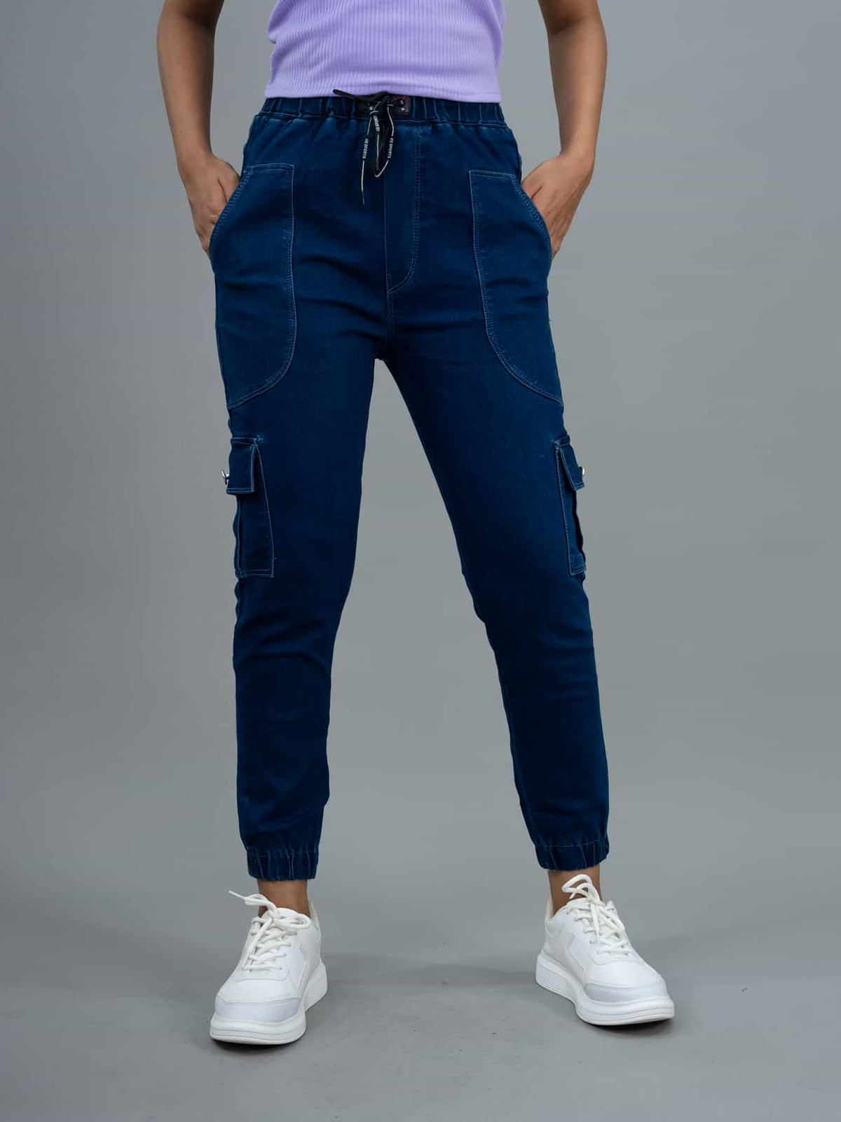 Women Jogger Fit Mid Waist Cargo Navy Blue Jeans, jogger for women