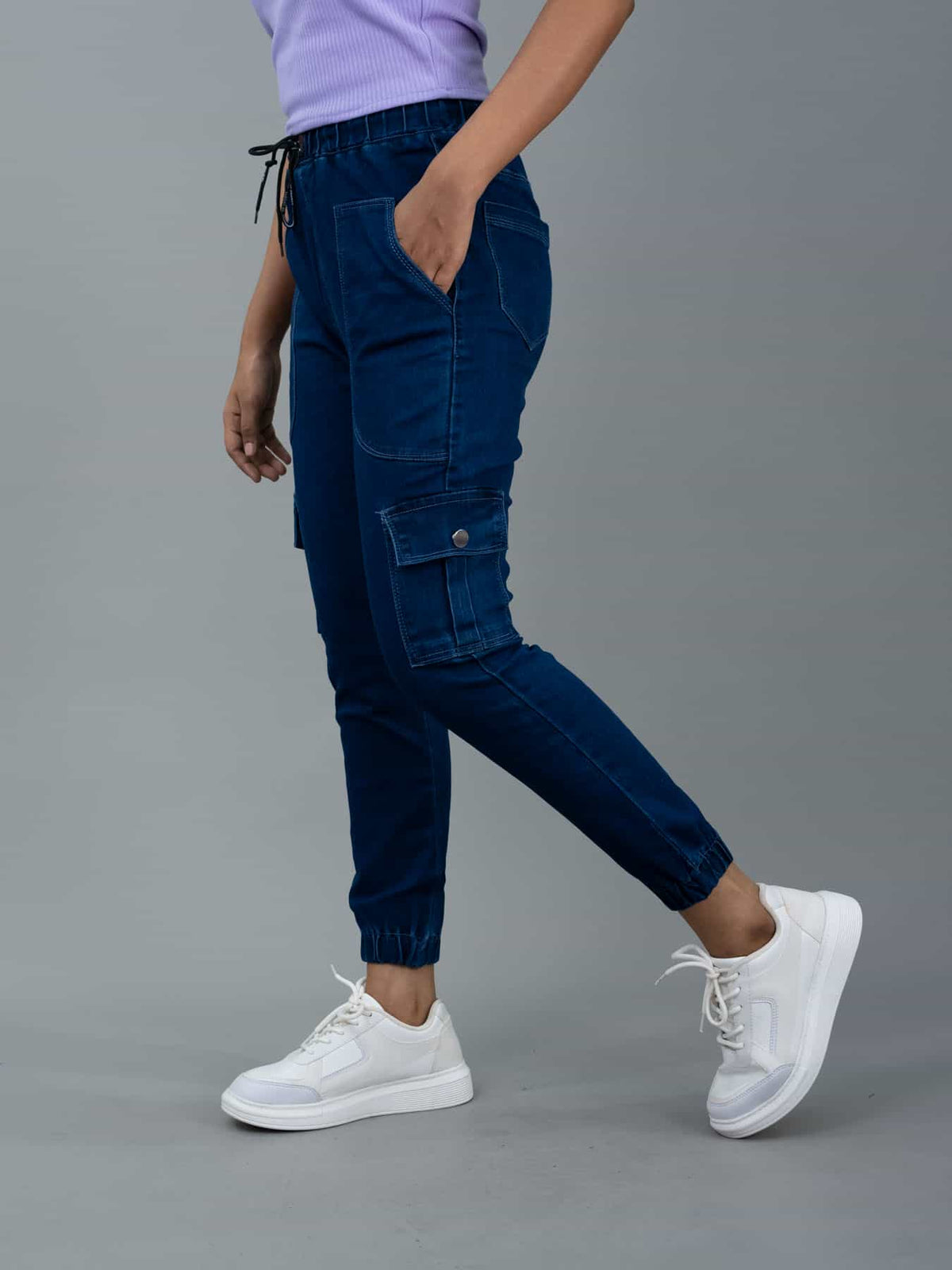 Women Jogger Fit Mid Waist Cargo Navy Blue Jeans, jogger for women