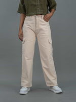 Straight Fit High Waist Cargo Jeans For Women (6 Pocket), Women high waist cargo jeans straight fit cream
