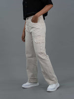 Straight Fit High Waist Cargo Jeans For Women (6 Pocket), Women high waist cargo jeans straight fit off white