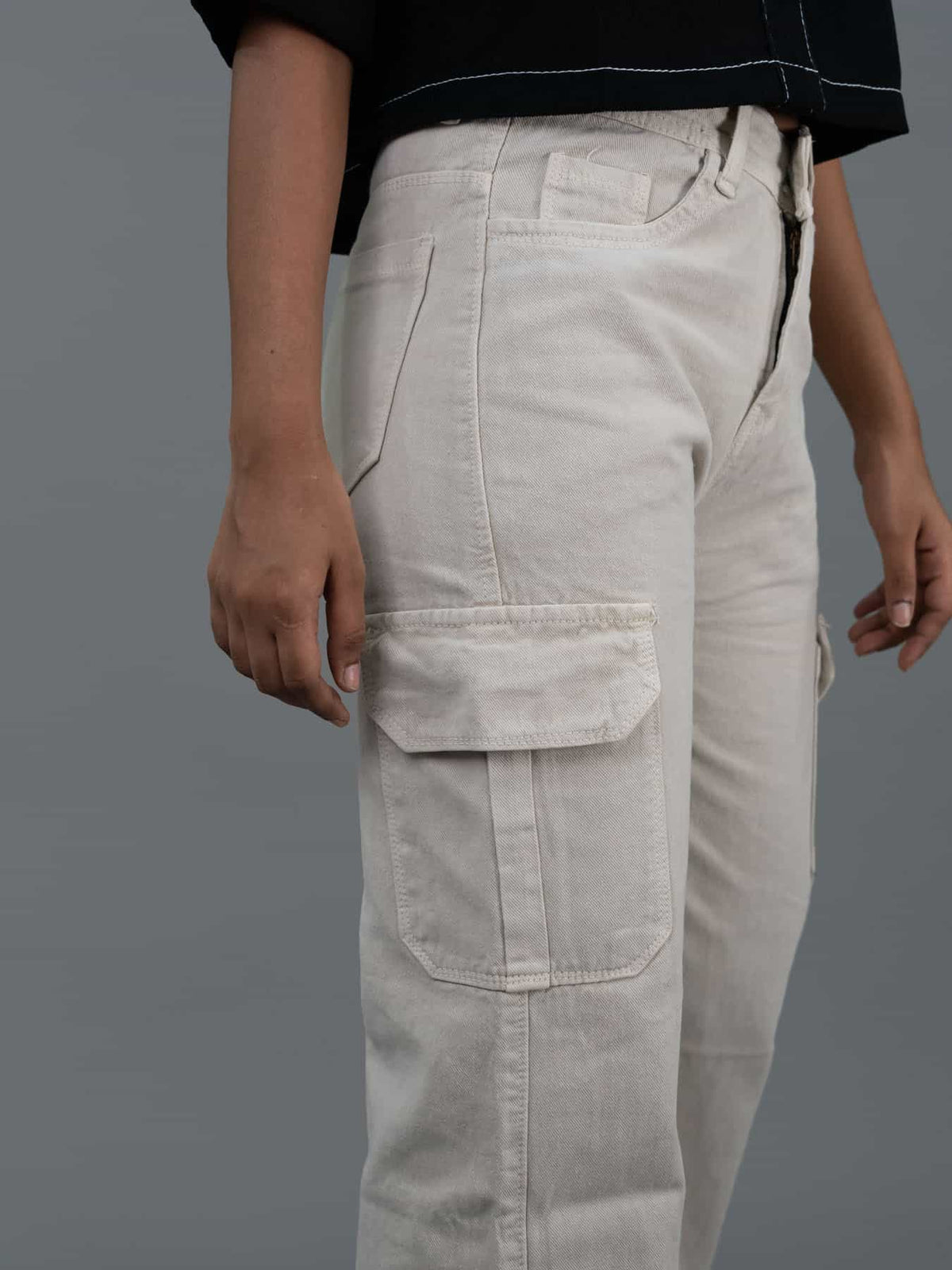 Straight Fit High Waist Cargo Jeans For Women (6 Pocket), Women high waist cargo jeans straight fit off white