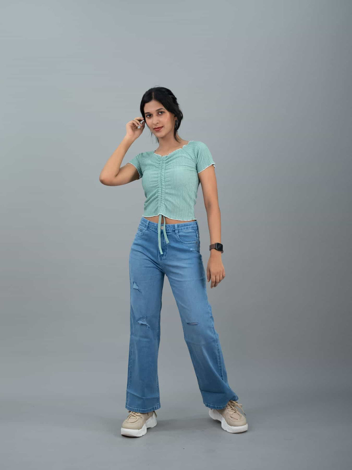 Straight Fit High Waist Torn Jeans For Women, women high waist torned ice blue jeans