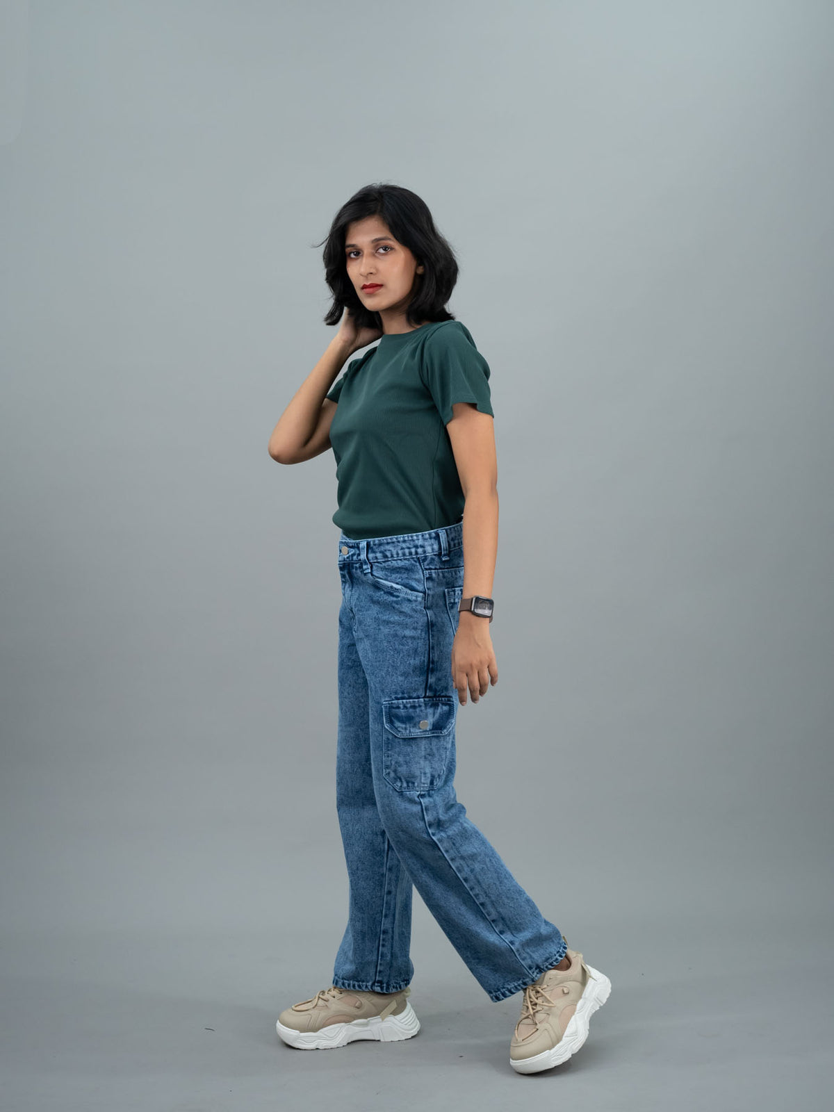 Women Wide Leg Mid Waist Cargo Jeans, mid rise blue cargo jeans for women