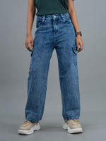 Women Wide Leg Mid Waist Cargo Jeans, mid rise blue cargo jeans for women
