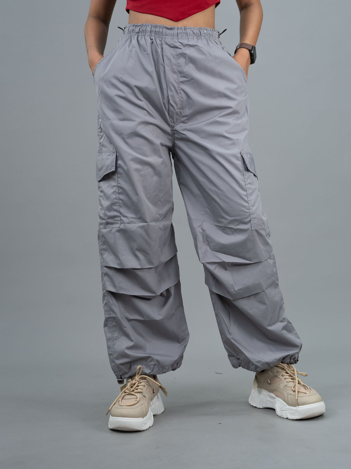 Baggy Parachute Cargo Pants For Women, women grey parachute pants