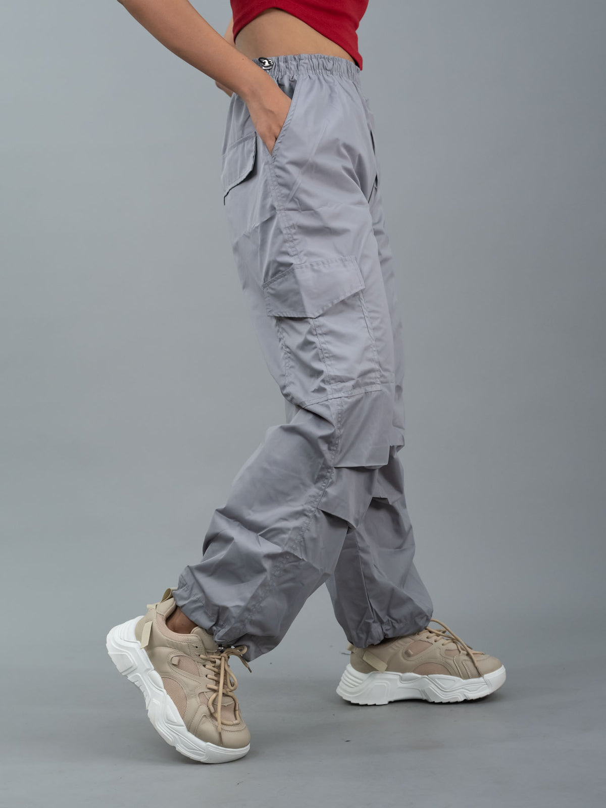 Baggy Parachute Cargo Pants For Women, women grey parachute pants