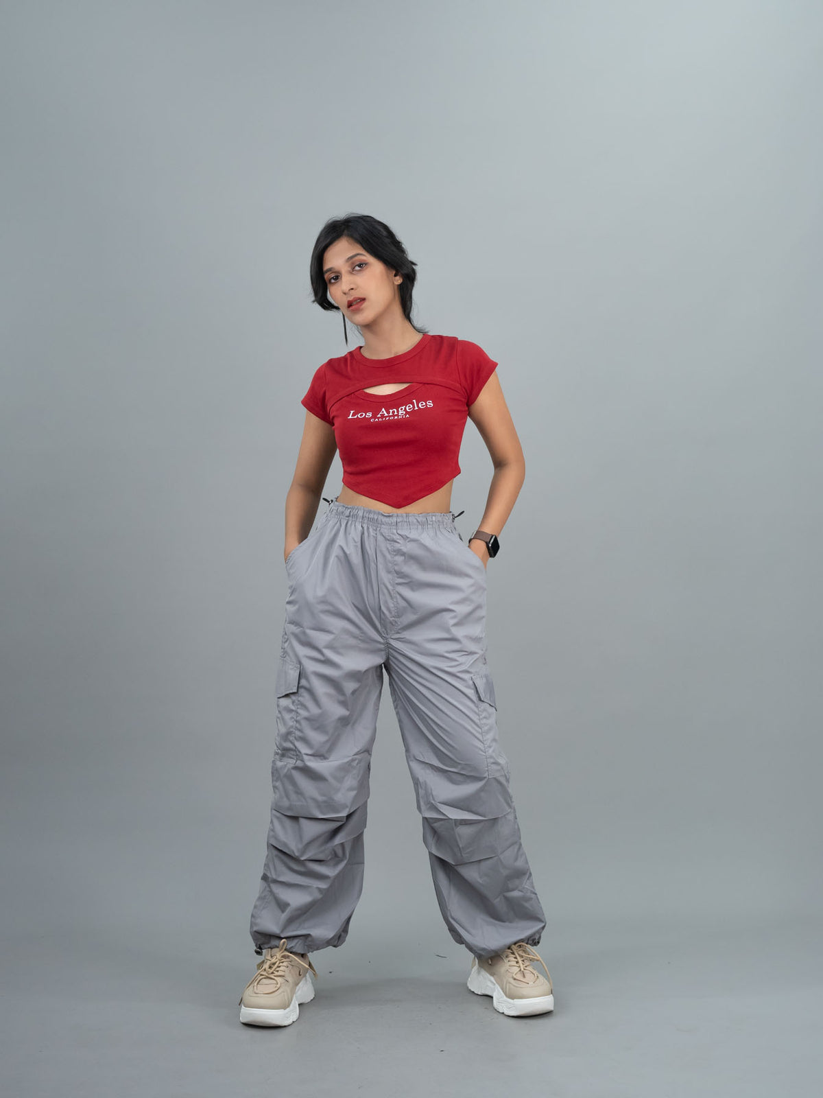 Baggy Parachute Cargo Pants For Women, women grey parachute pants