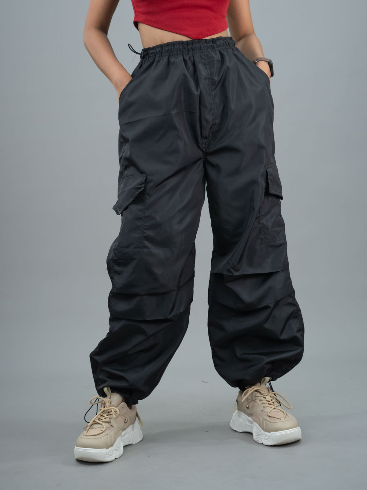 Baggy Parachute Cargo Pants For Women, women black parachute pants