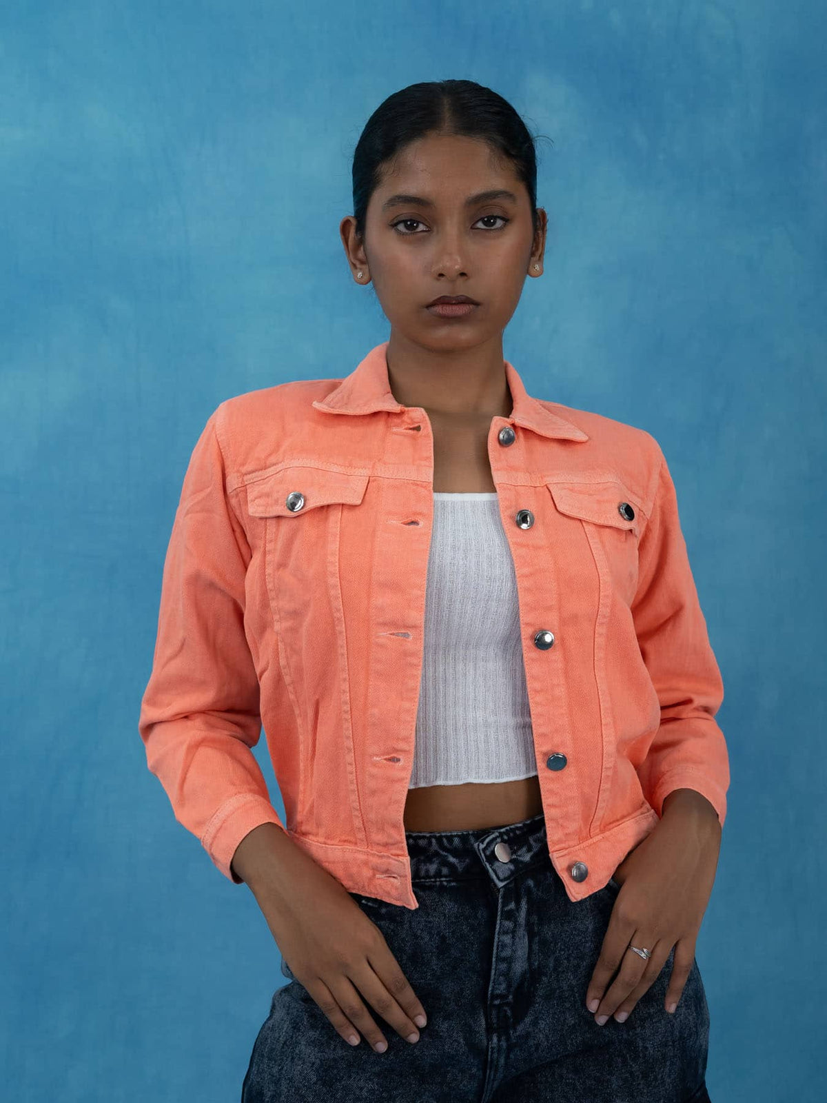 Women Solid Peach Casual Denim Jacket, Peach denim jacket for women