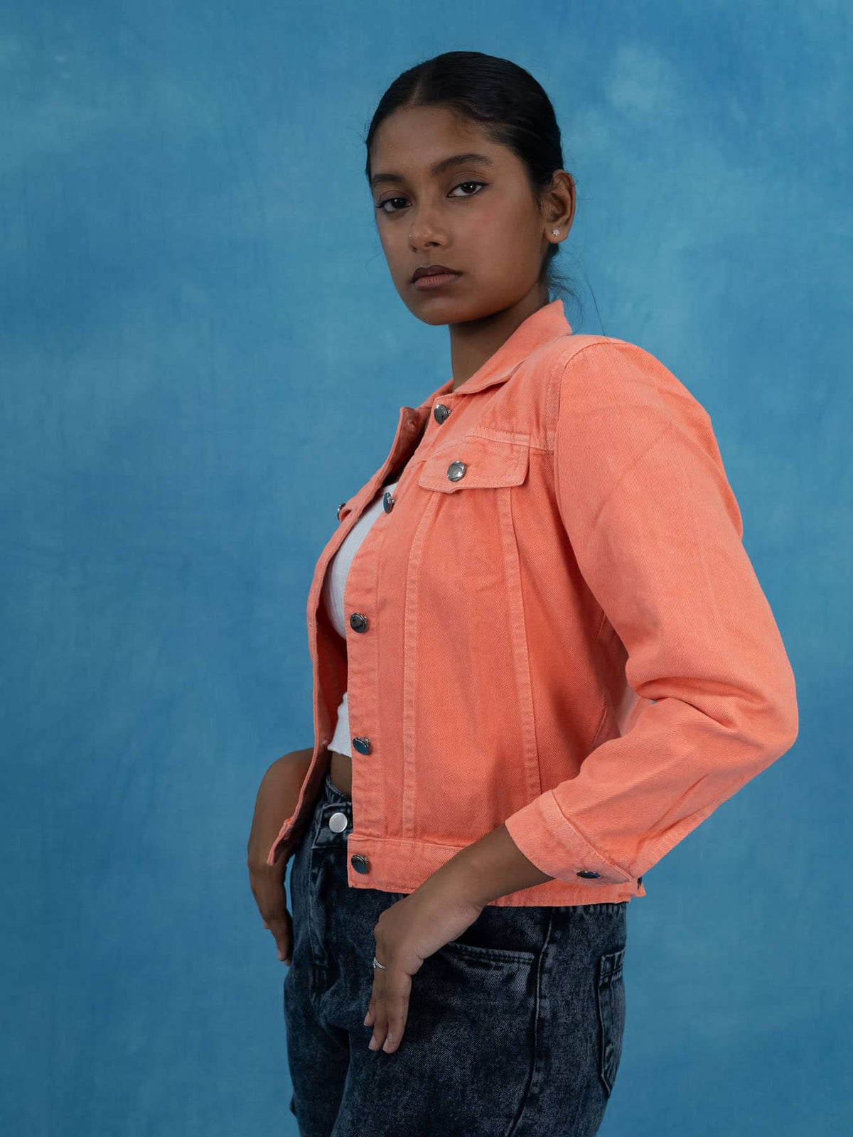 Women Solid Peach Casual Denim Jacket, Peach denim jacket for women