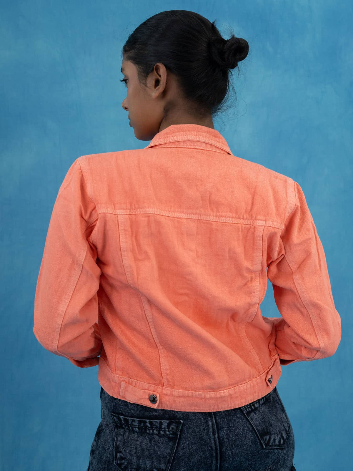 Women Solid Peach Casual Denim Jacket, Peach denim jacket for women