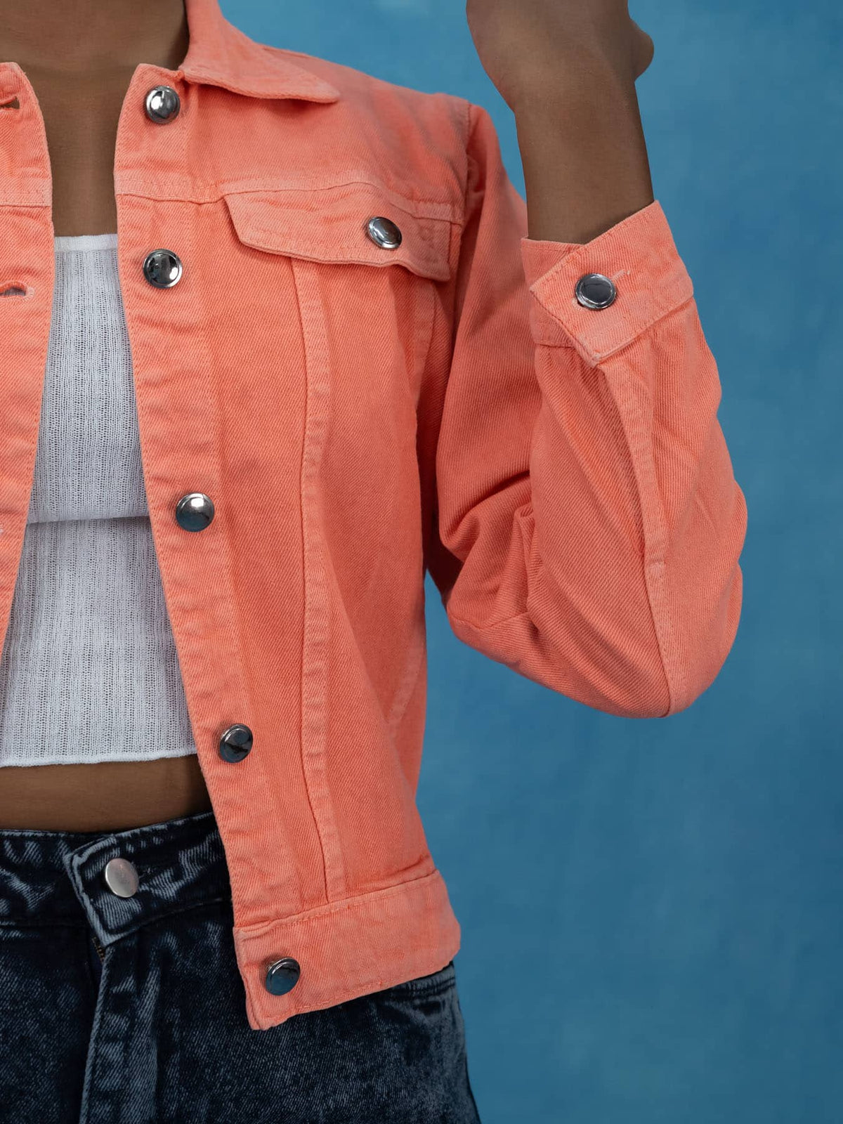 Women Solid Peach Casual Denim Jacket, Peach denim jacket for women