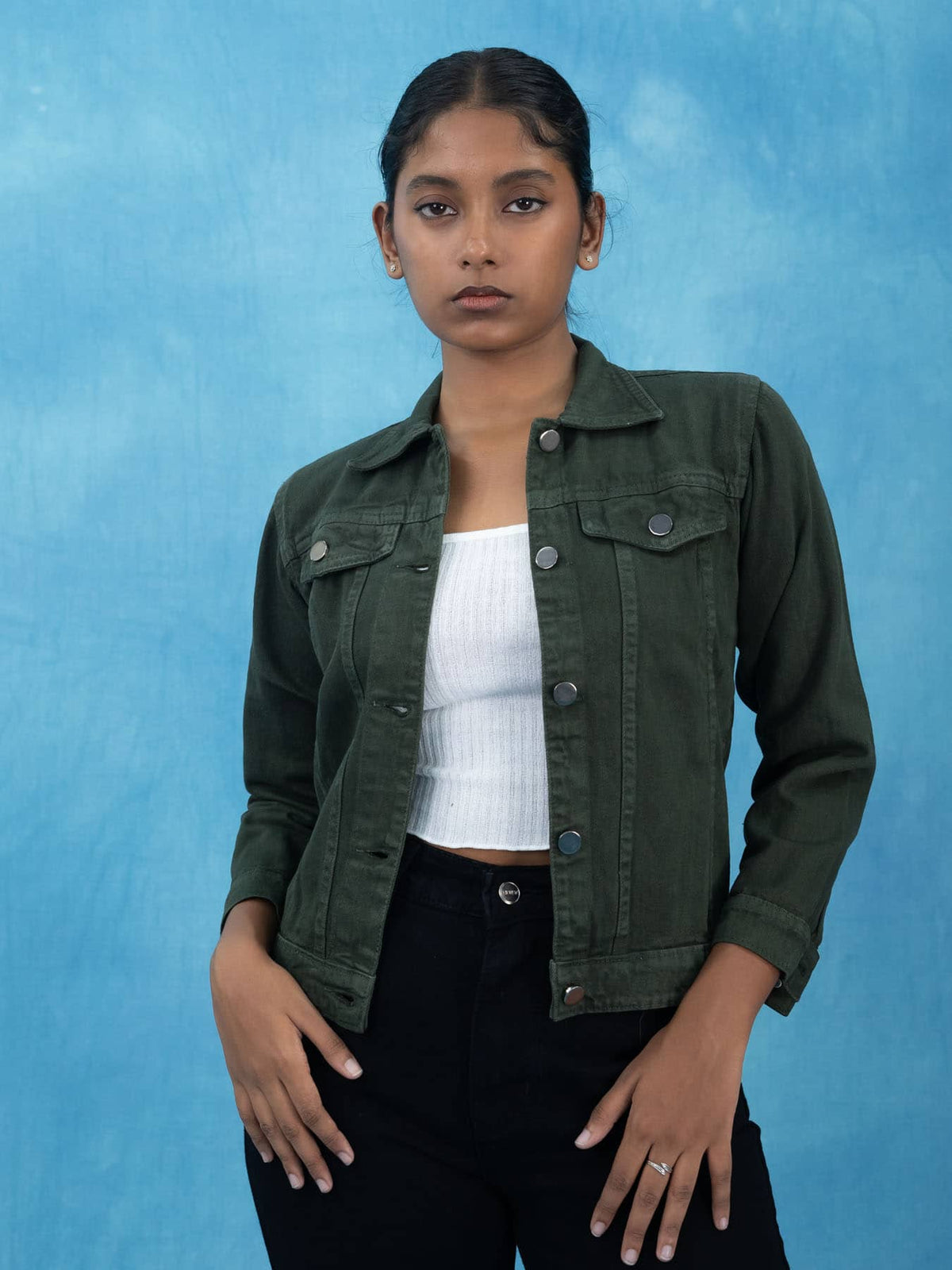 Women Solid Green Casual Denim Jacket, Green denim jacket for women