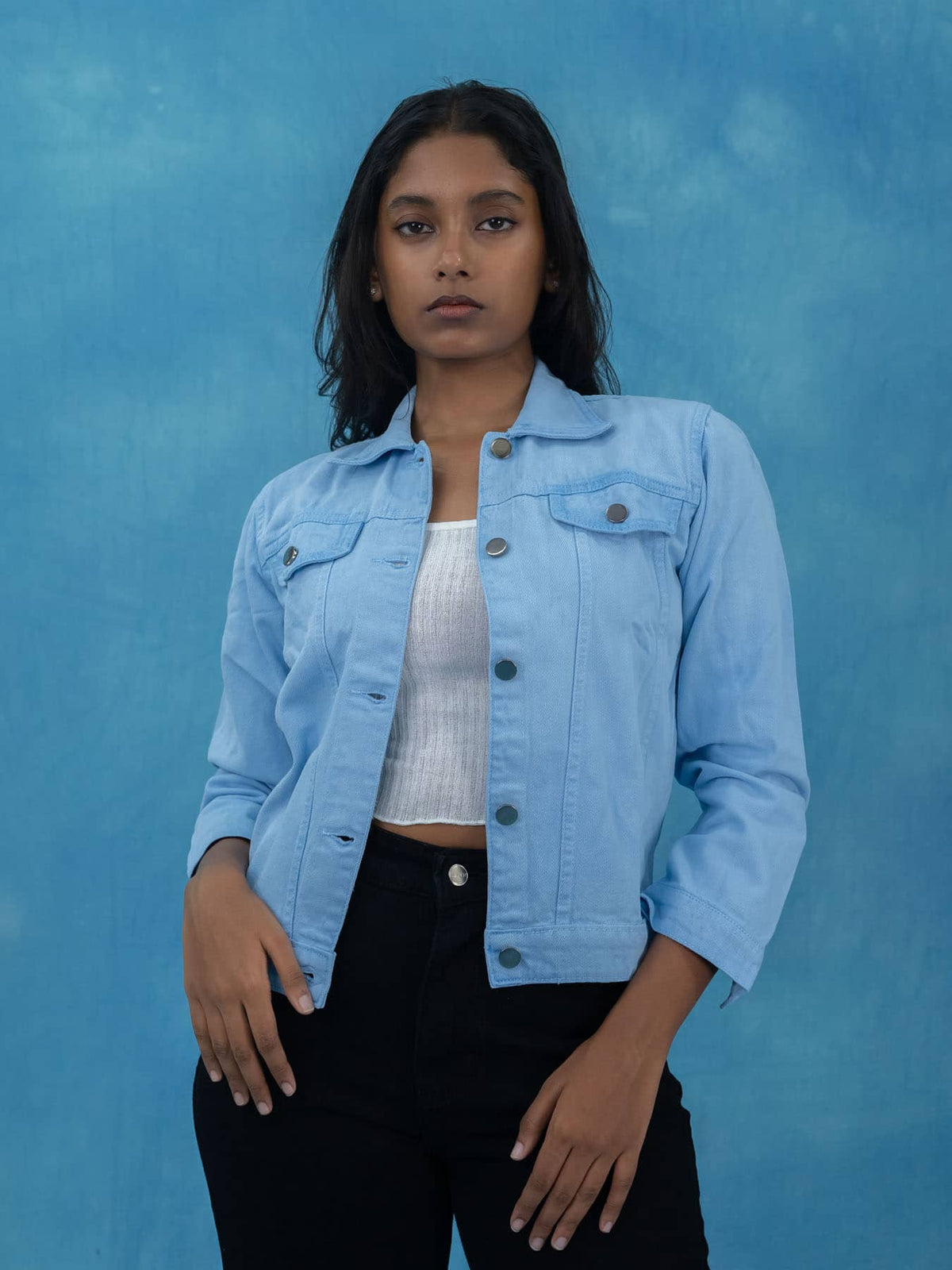 Women Solid Ice Blue Casual Denim Jacket, Ice Blue denim jacket for women