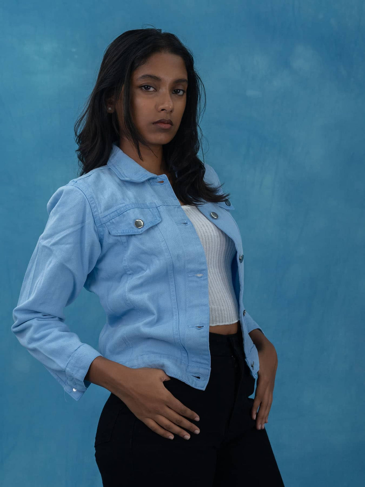 Women Solid Ice Blue Casual Denim Jacket, Ice Blue denim jacket for women