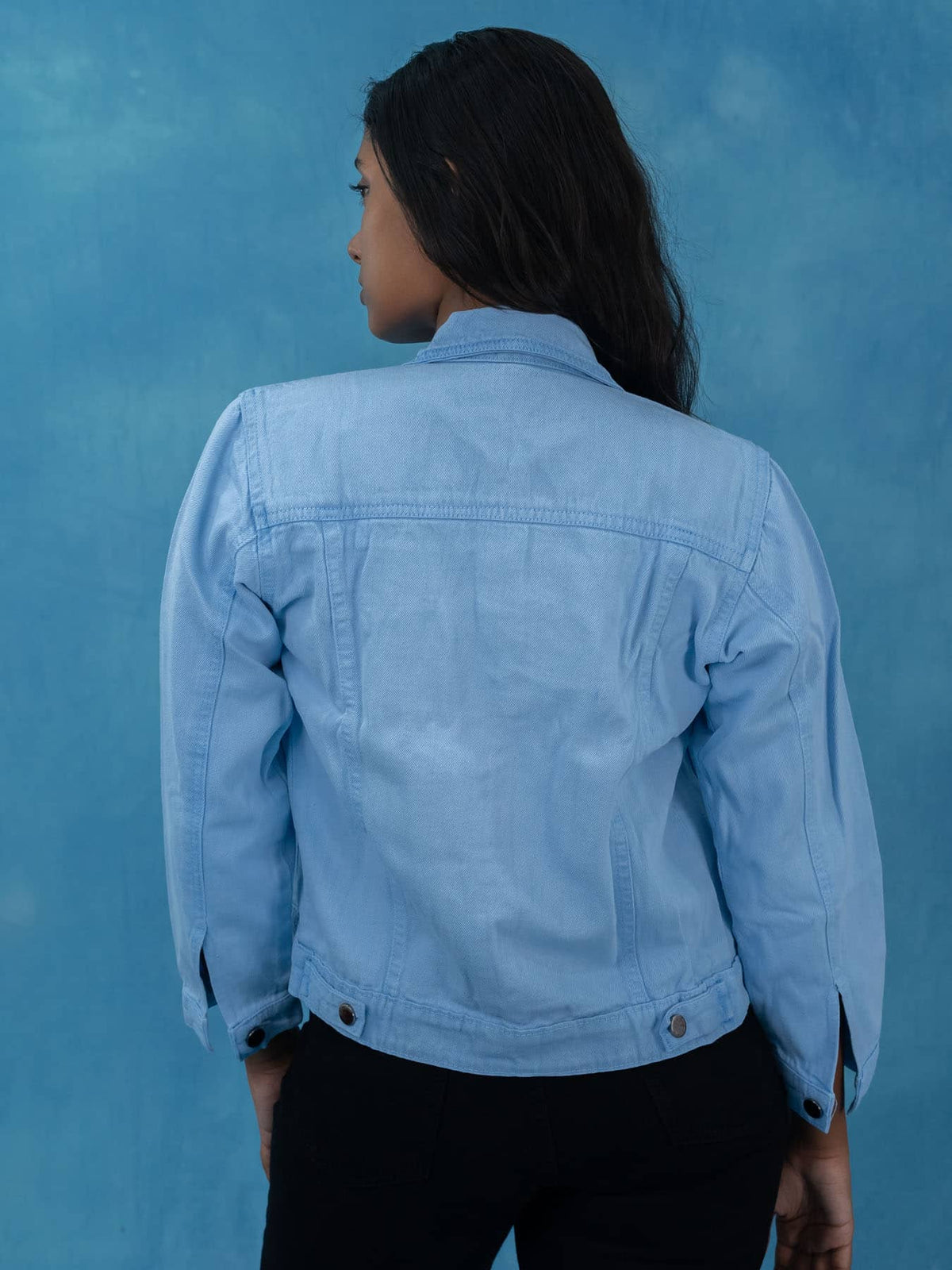 Women Solid Ice Blue Casual Denim Jacket, Ice Blue denim jacket for women