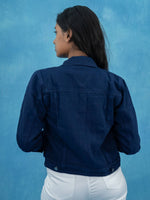 Women Solid Navy Blue Casual Denim Jacket, Navy Blue denim jacket for women