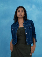 Solid Casual Short Denim Jacket For Women, Women navy blue short denim jacket