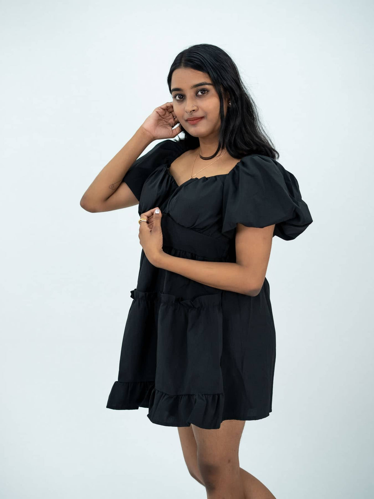 Short Dress With Balloon Sleeve For Women, Women Short Black Dress