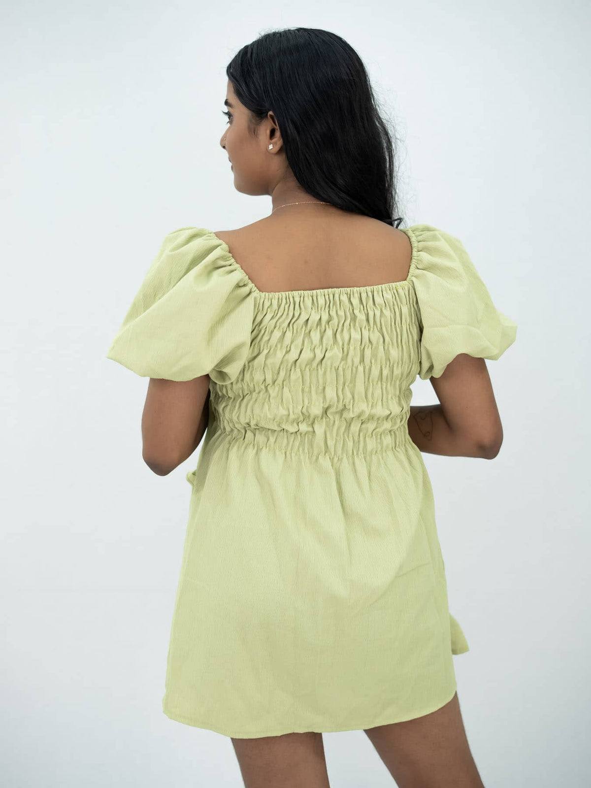 Short Dress With Balloon Sleeve For Women, Women Short Green Dress