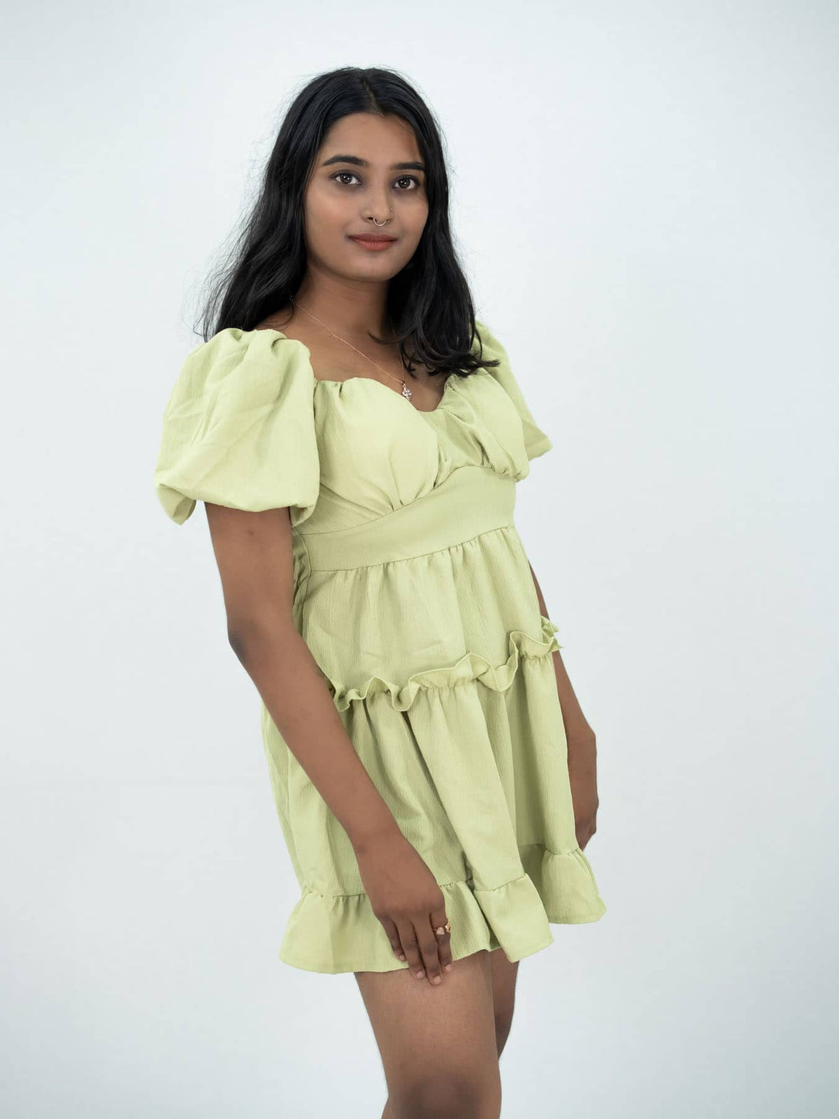 Short Dress With Balloon Sleeve For Women, Women Short Green Dress