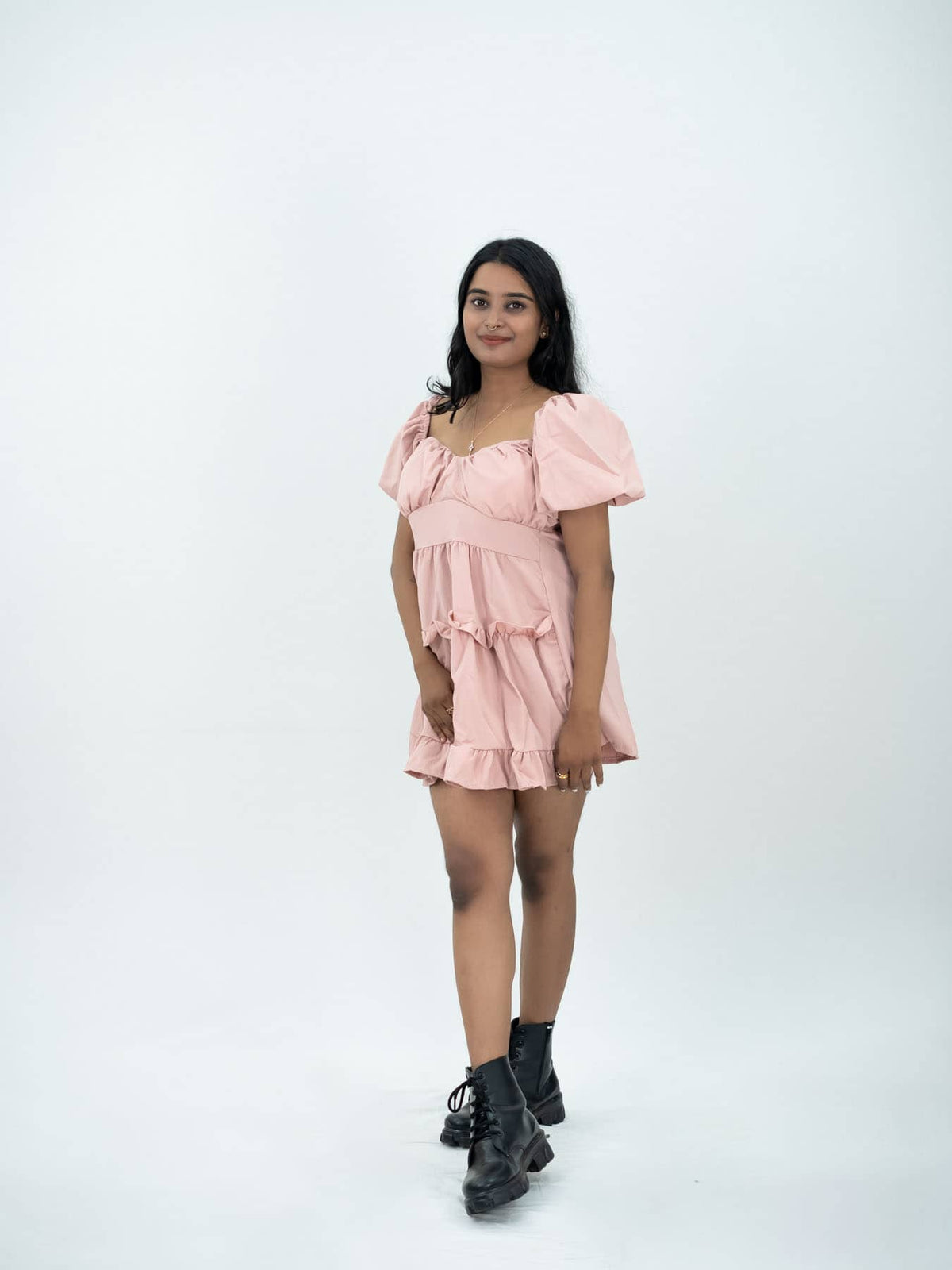 Short Dress With Balloon Sleeve For Women, Women Short Pink Dress