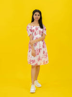 Floral Printed Casual Short Dress For Women (Half-Sleeve), Pink Short dress with floral print