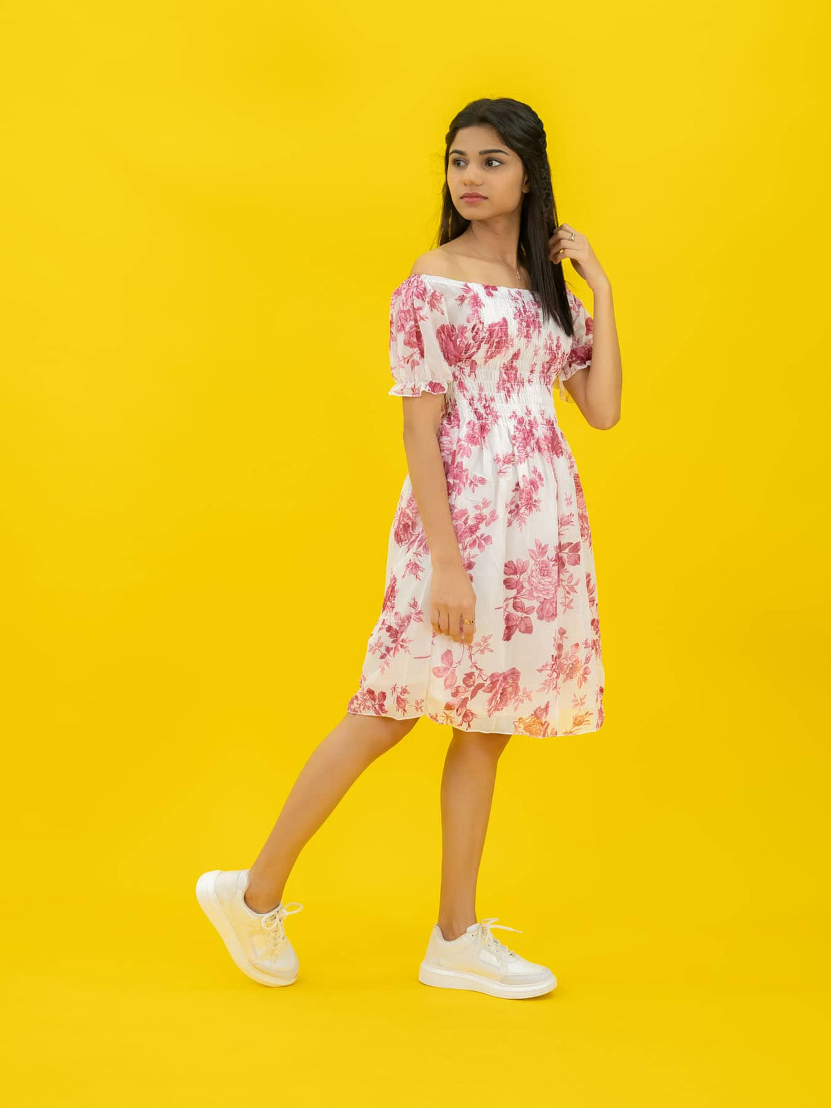 Floral Printed Casual Short Dress For Women (Half-Sleeve), Pink Short dress with floral print