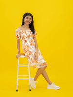 Floral Printed Casual Short Dress For Women (Half-Sleeve), Orange Short dress with floral print