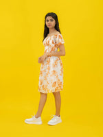 Floral Printed Casual Short Dress For Women (Half-Sleeve), Orange Short dress with floral print