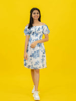Floral Printed Casual Short Dress For Women (Half-Sleeve), Blue Short dress with floral print