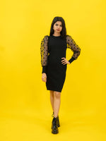 Bodycon Ribbed Dress with Polka Dot Organza Sleeves