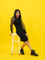 Bodycon Ribbed Dress with Polka Dot Organza Sleeves