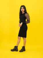 Bodycon Ribbed Dress with Polka Dot Organza Sleeves