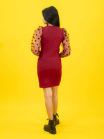 Bodycon Ribbed Dress with Polka Dot Organza Sleeves