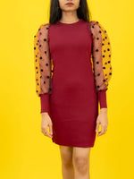 Bodycon Ribbed Dress with Polka Dot Organza Sleeves