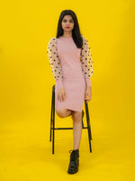 Bodycon Ribbed Dress with Polka Dot Organza Sleeves