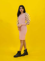 Bodycon Ribbed Dress with Polka Dot Organza Sleeves