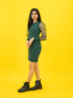 Bodycon Ribbed Dress with Polka Dot Organza Sleeves