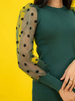Bodycon Ribbed Dress with Polka Dot Organza Sleeves