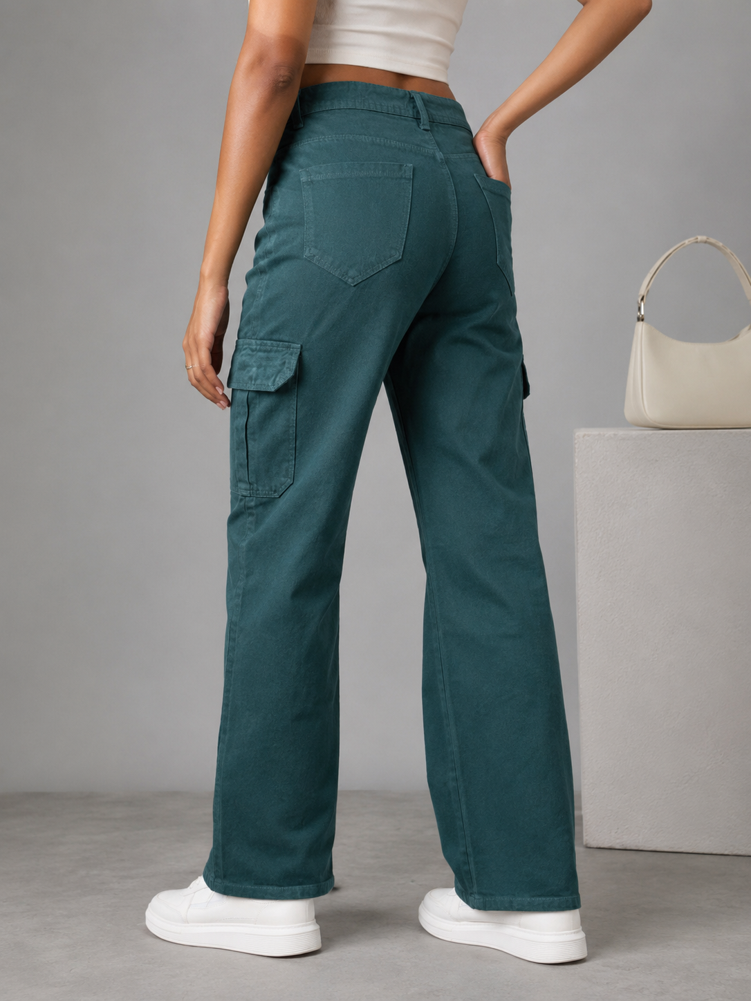 High Waist Straight Fit Cargo Jeans