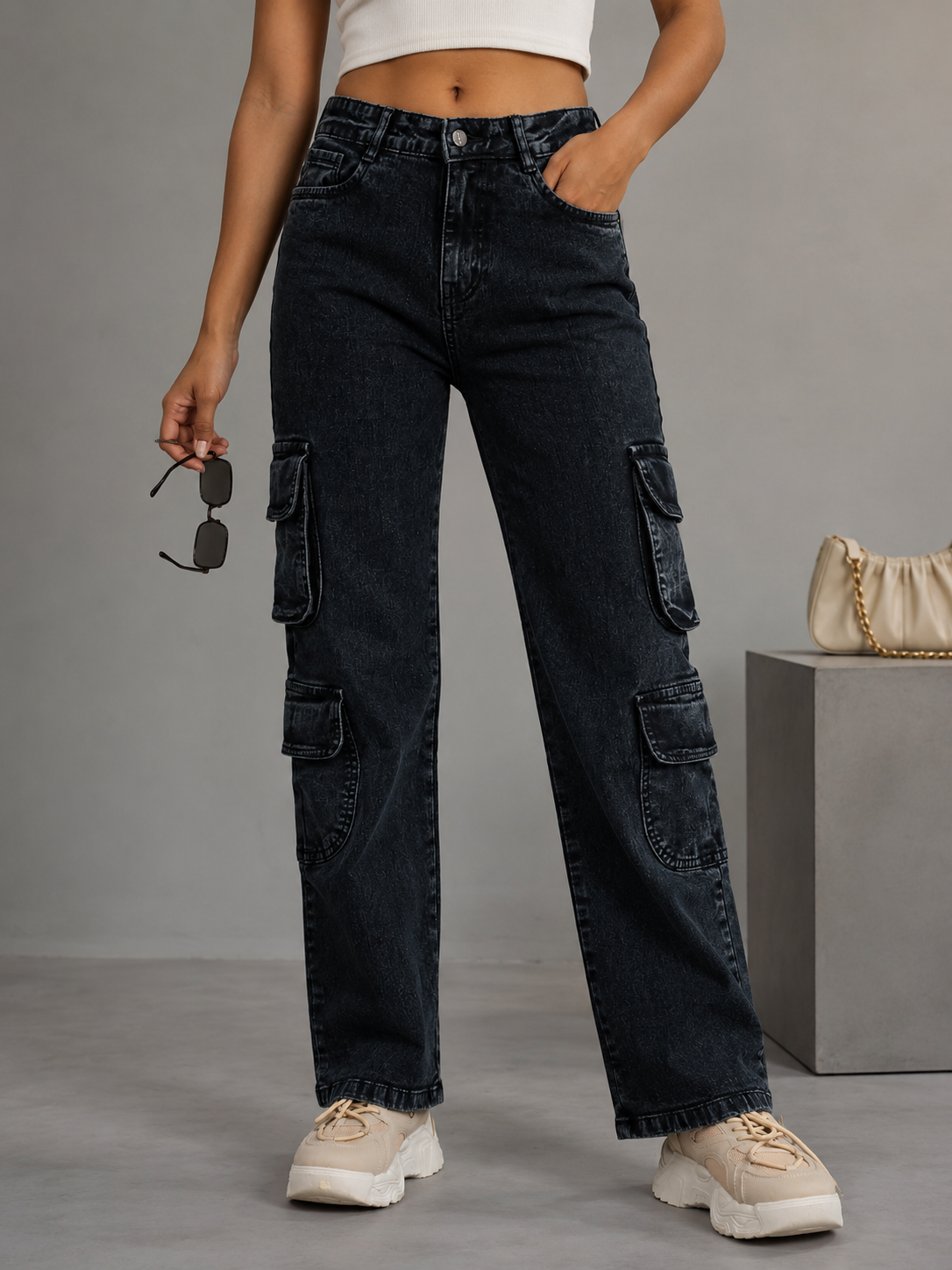 High Waist Dual Cargo Jeans For Women